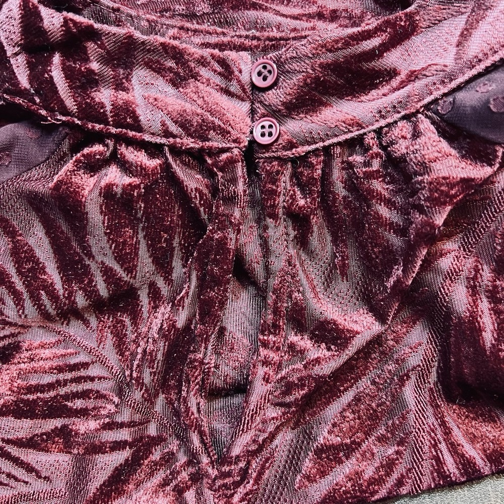 Loveriche Womens Sm‎ Burgundy Burnout Velvet Blouse Sheer Swiss Dot Sleeve EUC - Picture 4 of 7